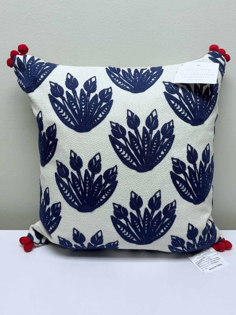 New! Levtex Home Floral Medallion Nanette Crewel Pom Pillow, 18” x 18”